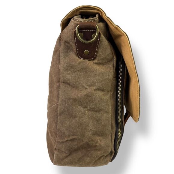 Vintage Style Waxed Canvas Brown Leather Rugged Briefcase Messenger Shoulder Bag - Picture 7 of 16